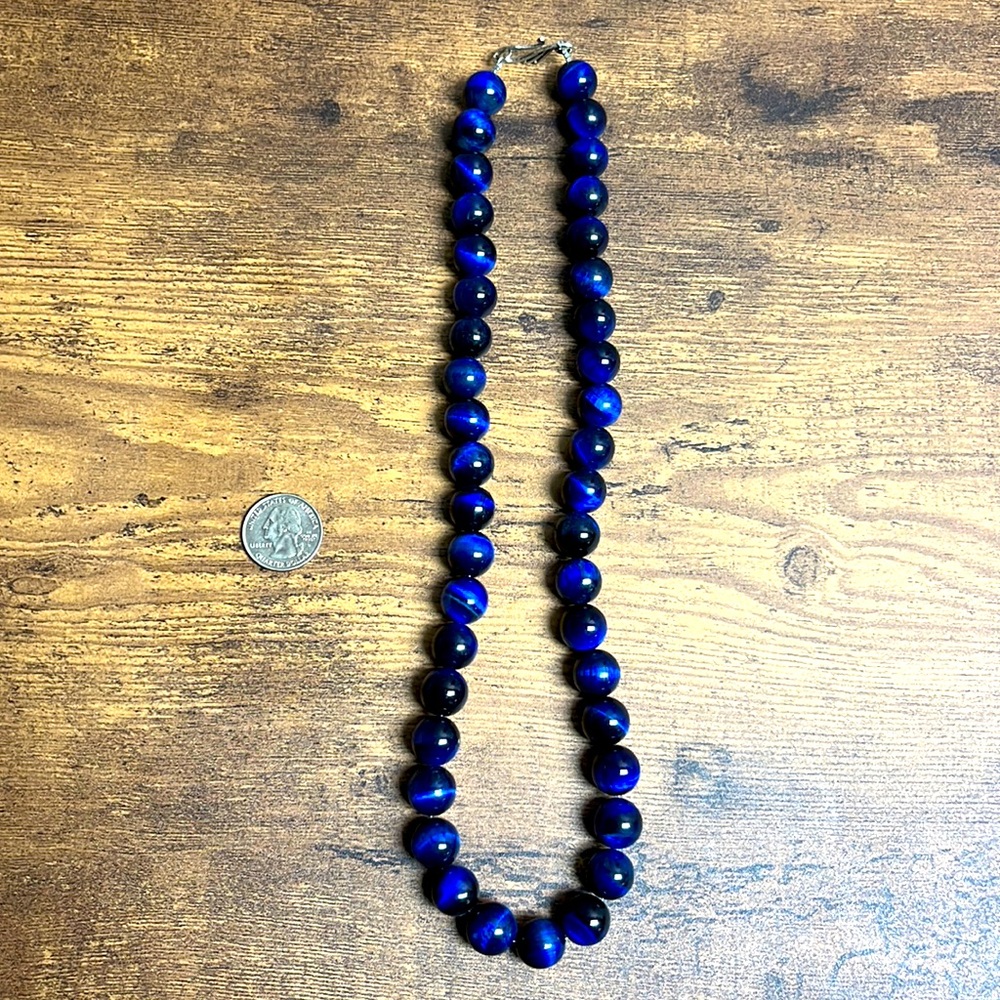 Blue Tigers Eye beaded necklace. Each bead is the size of a large blueberry.